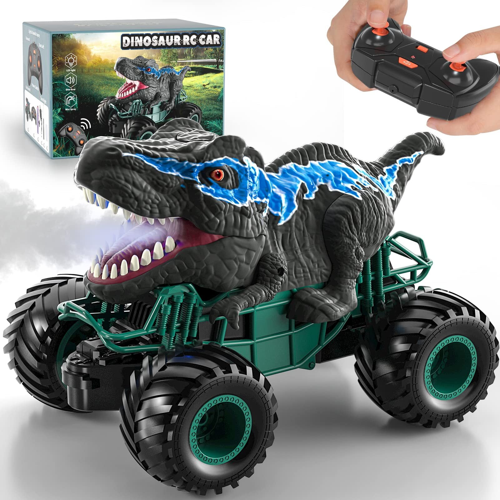 Flooyes Remote Control Dinosaur Car for Boys Kids Ages 3 4 5 6 7 8+ Years, 2.4ghz RC Dinosaur Truck for Toddlers, Electronic Rc Car with Light Sound & Spray All Terrain Car for 3 4 5 6-8 Kids