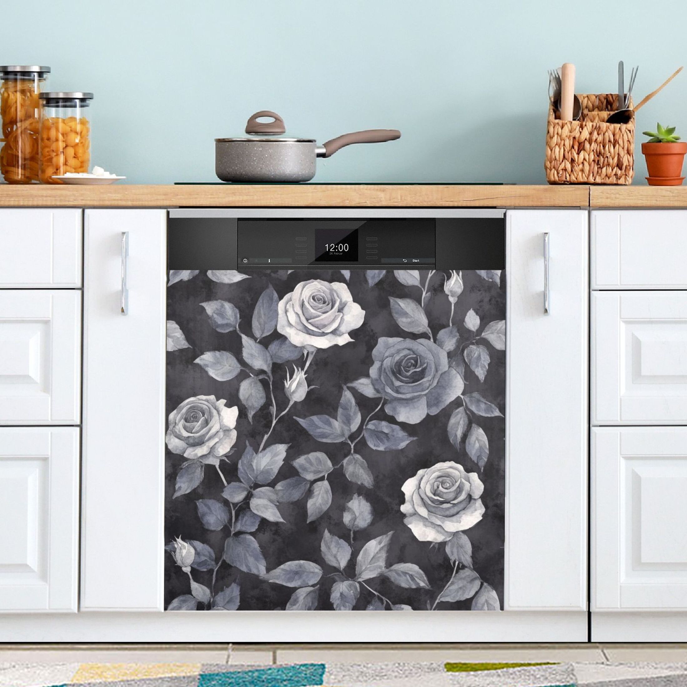 Dishwasher Magnetic Sticker 23x26 Inch Refrigerator Magnetic Sticker Washing Machine Magnetic Sticker Kitchen Panel Magnetic Sticker Home Decor Black Flowers Seamless