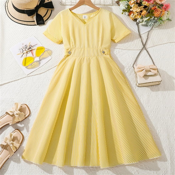 Toddler Girls Short Sleeve Dresses KkSLirnhs Fashion Spring and Summer Short Sleeve Flip Collar Button Up Dress 12 Years Yellow