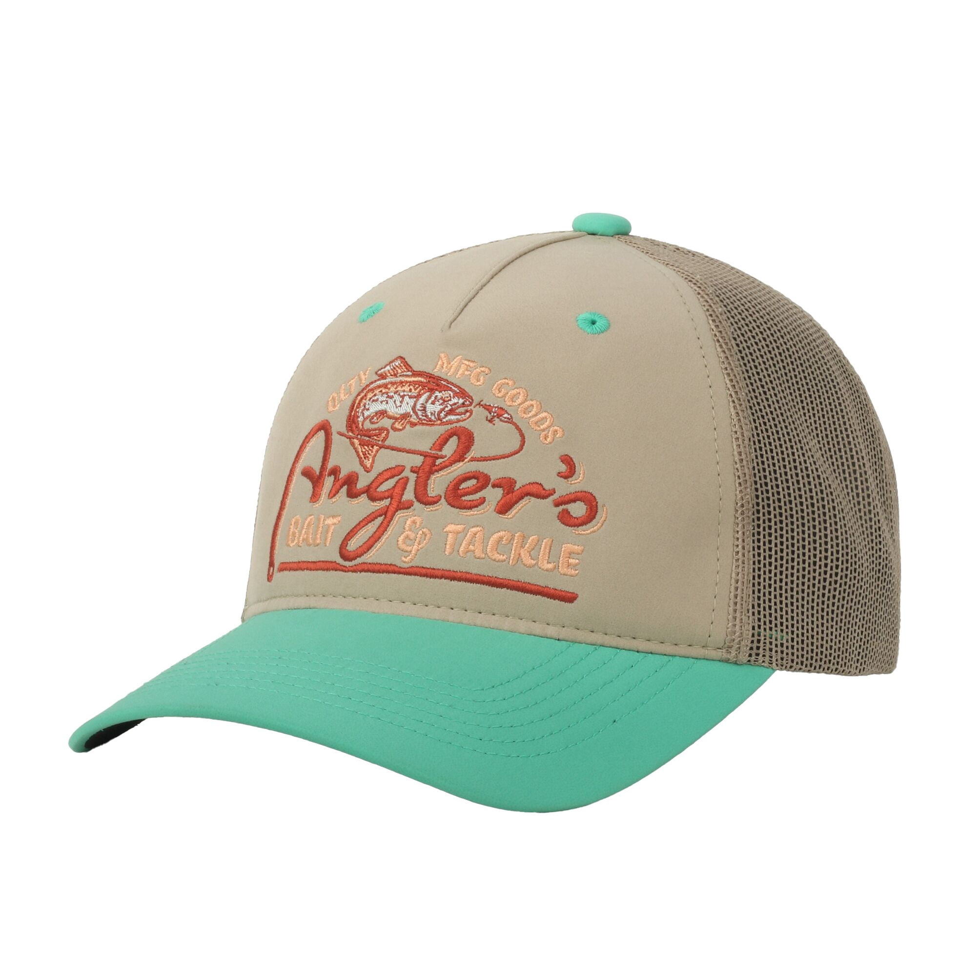 Beige/Green 5-Panel Fishing Cap – Structured Mid Profile, Embroidered, Snapback, One Size
