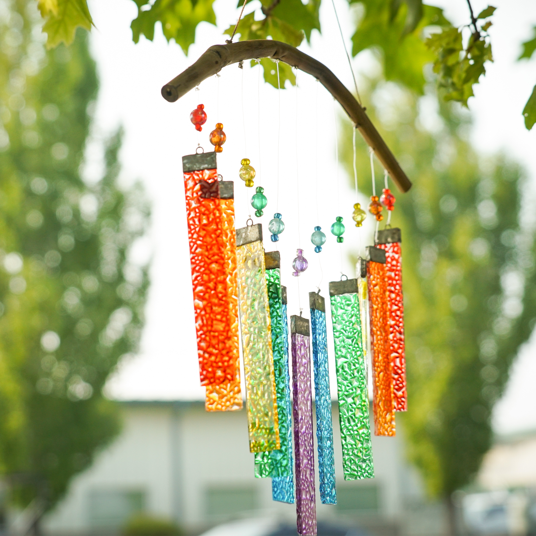 In the Breeze 7025 — Rainbow Textured Glass Mobile Wind Chime — Colorful and Melodic Stamped Glass Chime for Porches and Patios