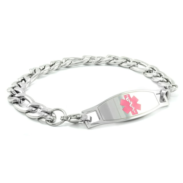 MedicEngraved Bracelet à Maillons Figaro 9 mm en Acier Inoxydable 316L pour Chirurgie avec Étiquette Médicale en Émail - Gravure Médicale Incluse