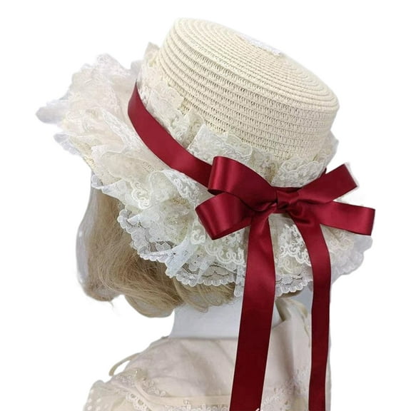 Breathable Straw Bonnet Hat Comfortable Victorian Theme Event Hat With Lace Trim and Bowknot For Cosplay Gatherings