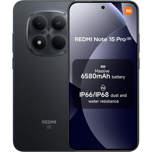 XIAOMI Redmi Note 15 Pro 5G Ai (Compatible with Tmobile Mint Tello & Global) (512GB 8GB) NFC 6.83" 120Hz 200MP Pro AI Camera Model 25080RABDG Unlocked Dual Sim Liberado (Black)