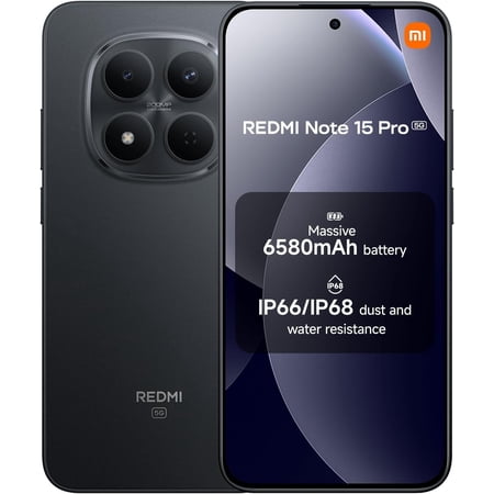 XIAOMI Redmi Note 15 Pro 5G Ai (Compatible with Tmobile Mint Tello & Global) (512GB + 12GB) NFC 6.83" 120Hz 200MP Pro AI Camera Model 25080RABDG Unlocked Dual Sim Liberado (Black)