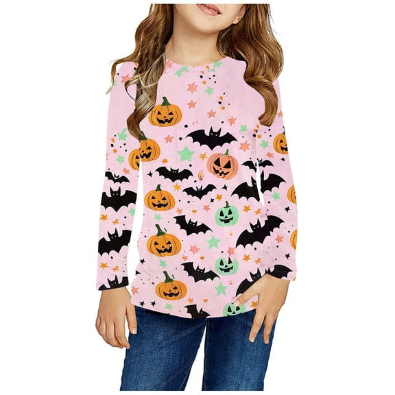 Odeerbi Kids Girls Fall Winter Basic Layering T-Shirt Halloween Basic Tees 3-14 Years Kids Long Sleeve Shirt Halloween Pullover Base Layer Shirts Kids Clothes Pink