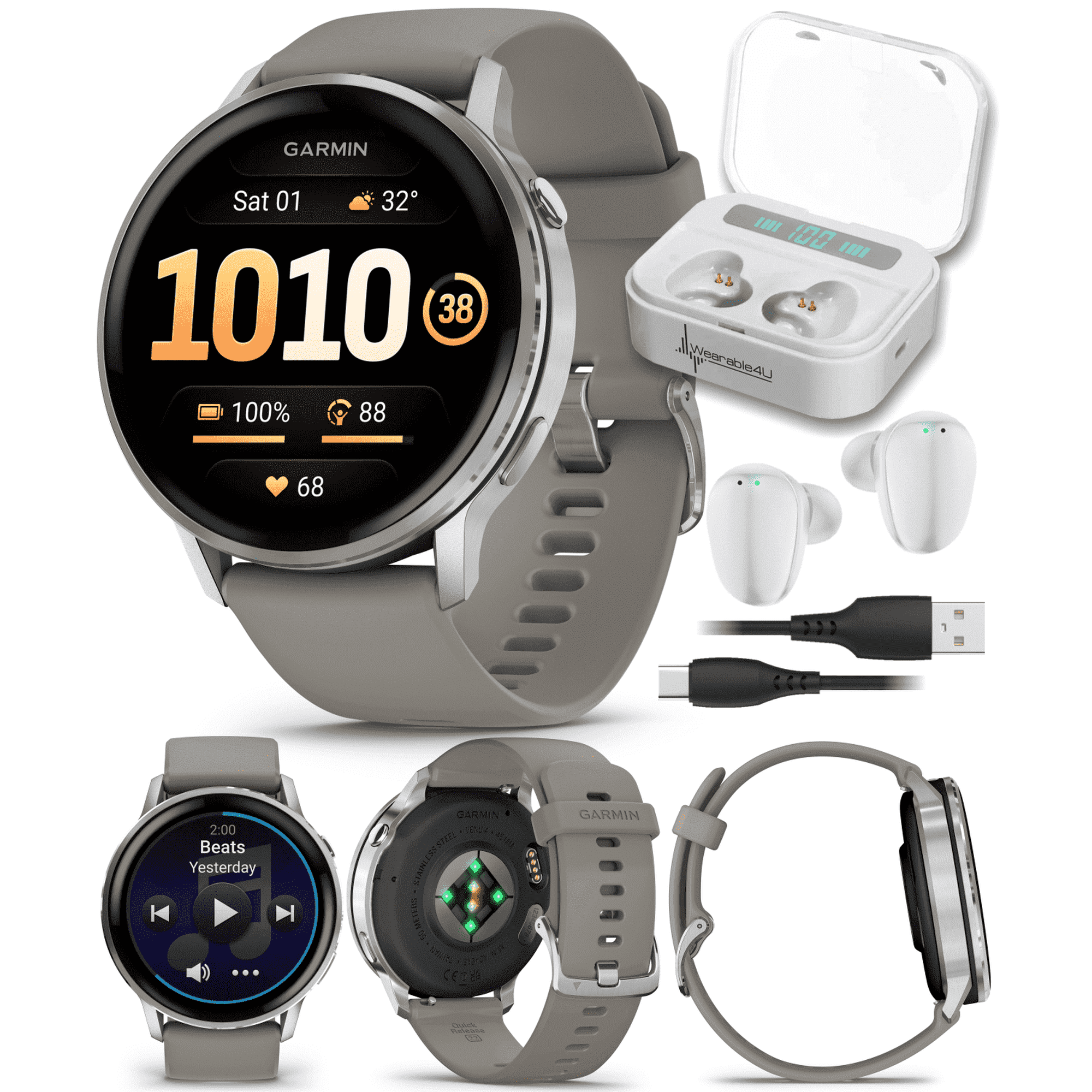 Garmin Venu 4 - 45mm AMOLED Advanced Health & Fitness GPS Smartwatch, Bright & Colorful Display, Flashlight, Up to 12 Days, Silver w/Silver Gray Silicone Band w/Wearable4U White EarBuds Bundle