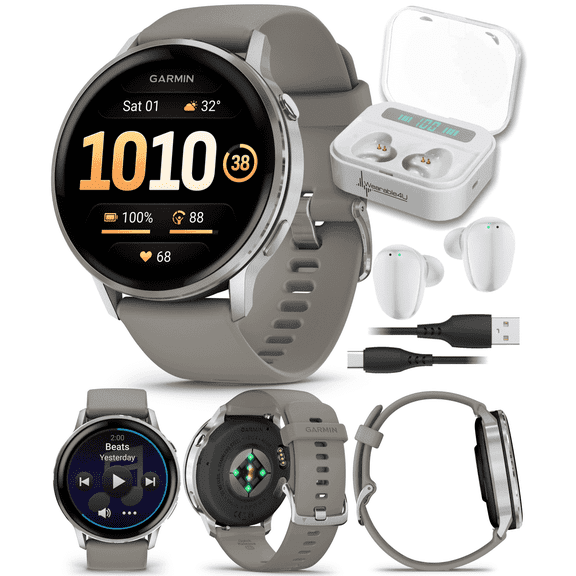 Garmin Venu 4 - 45mm AMOLED Advanced Health & Fitness GPS Smartwatch, Bright & Colorful Display, Flashlight, Up to 12 Days, Silver w/Silver Gray Silicone Band w/Wearable4U White EarBuds Bundle