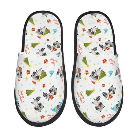 Balery happy new year Raccoon Slient Indoor Furry Fleece Comfort House Shoes Soft Non-Slip Home Shoes Cotton slippers House Slippers-- Large