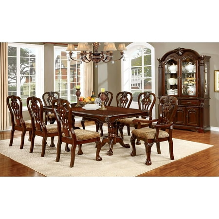 Formal Traditional Antique Dining Room Furniture 9pcs Set Brown Cherry Pedestal Base Dining Table w Leaf Padded Seat Intricate Design Dining Chairs