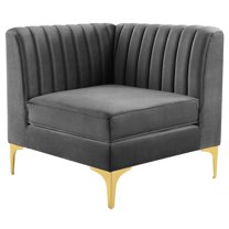 Tufted Sofa Corner Chair, Velvet, Grey Gray, Modern Contemporary Urban Design, Living Lounge Room Hotel Lobby Hospitality