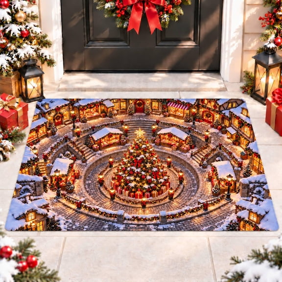 CZBZ 3D Christmas Rug Optical Illusion, Rectangular 3D Xmas Welcome Doormat, 16" x 24" Washable Christmas Carpet with Non-slip Silicone Backing for Entryway, Kitchen, Holiday Indoor/Outdoor
