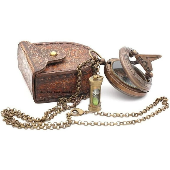 Roorkee Instruments (India) Brass Antique Color Sundial Compass with Mini Hourglass and Case