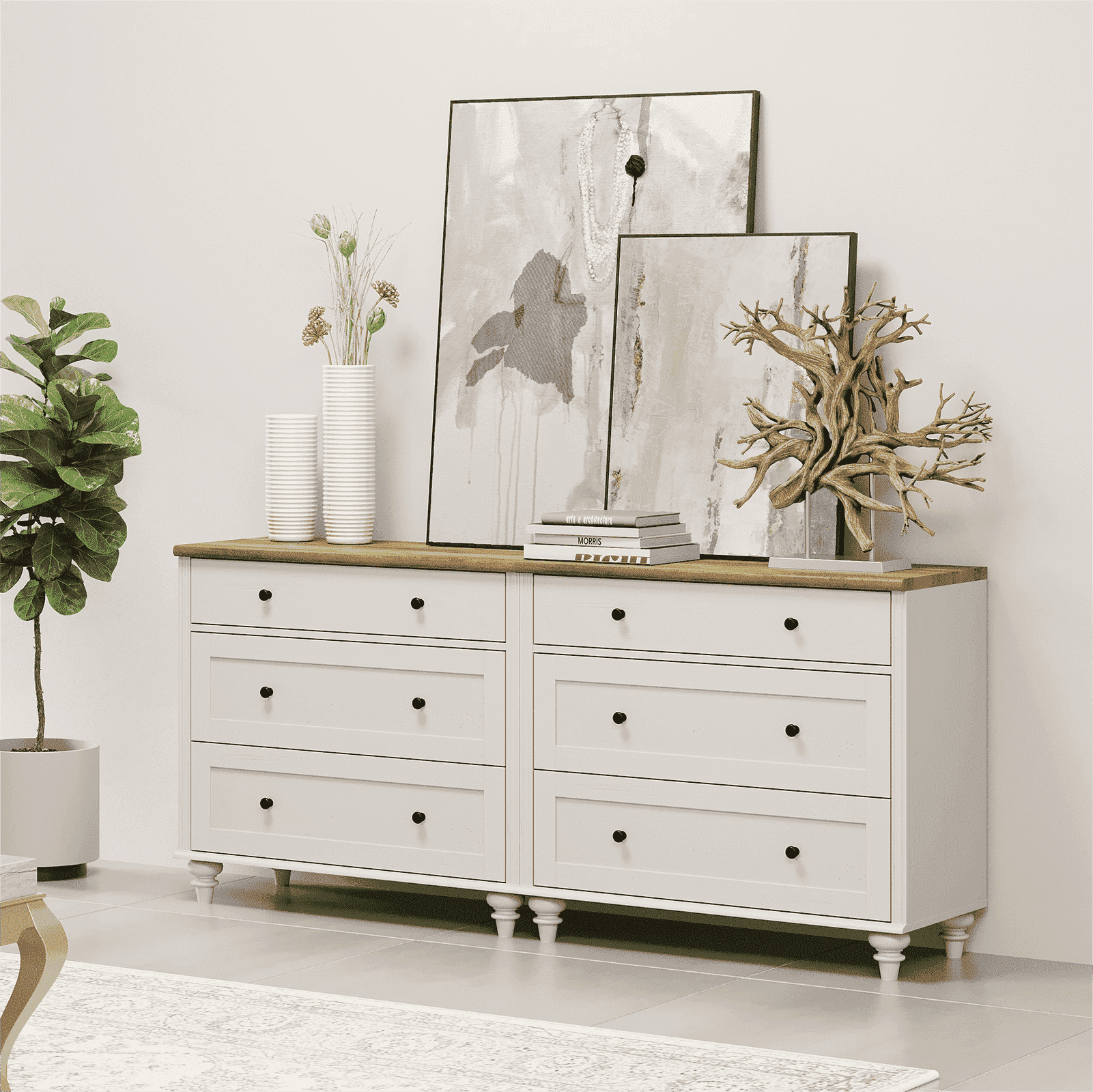 Farmhouse Nightstand with 3 Drawers, Set of 2 Large 3 Drawers Wood Bedside Table Night Stand, Wide Sofa Side End Table Chest of Dresser for Living Room, Bedroom, White, 34 inch (2PCS)