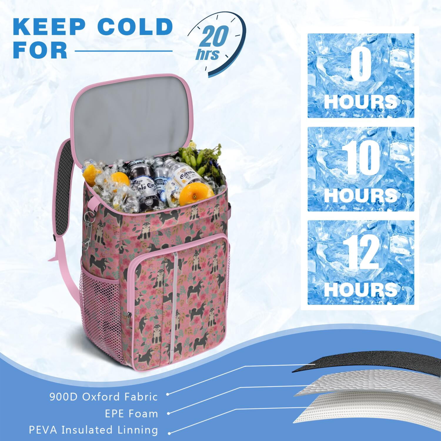Travel Cooler Bag - Shiba Inu Dog and Flower Floral Camping Beer Cooler Backpack with Bottle Opener- Waterproof Insulated Picnic Backpacks - Cooler Bag for Beach