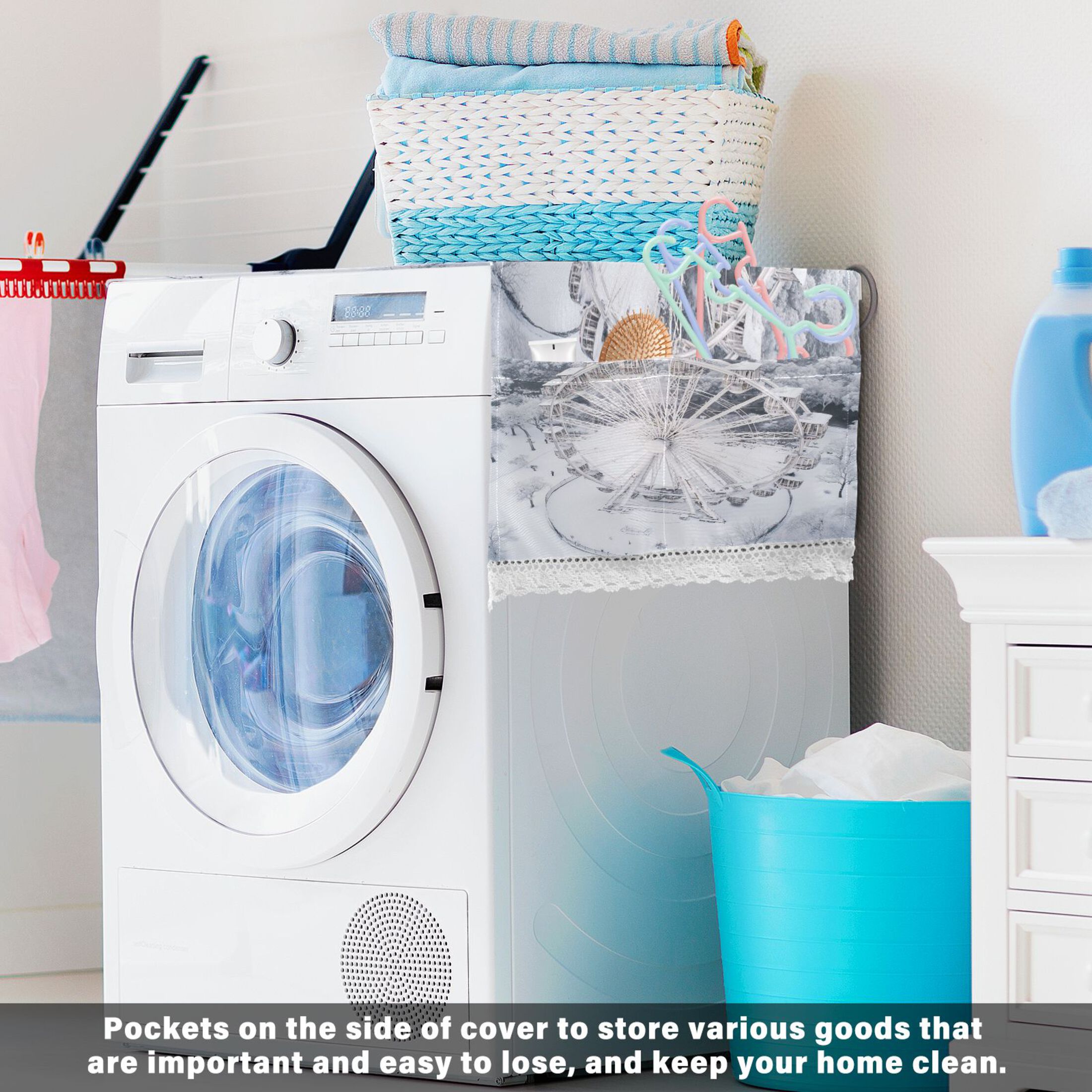 Ferris Wheel in The SnowWasher and Dryer Covers Dust-Proof and Oil Resistant Fridge Cover with 4 Storage Pockets Washing Machine Top Cover for Laundry Kitchen Home 51.2 x 22 In