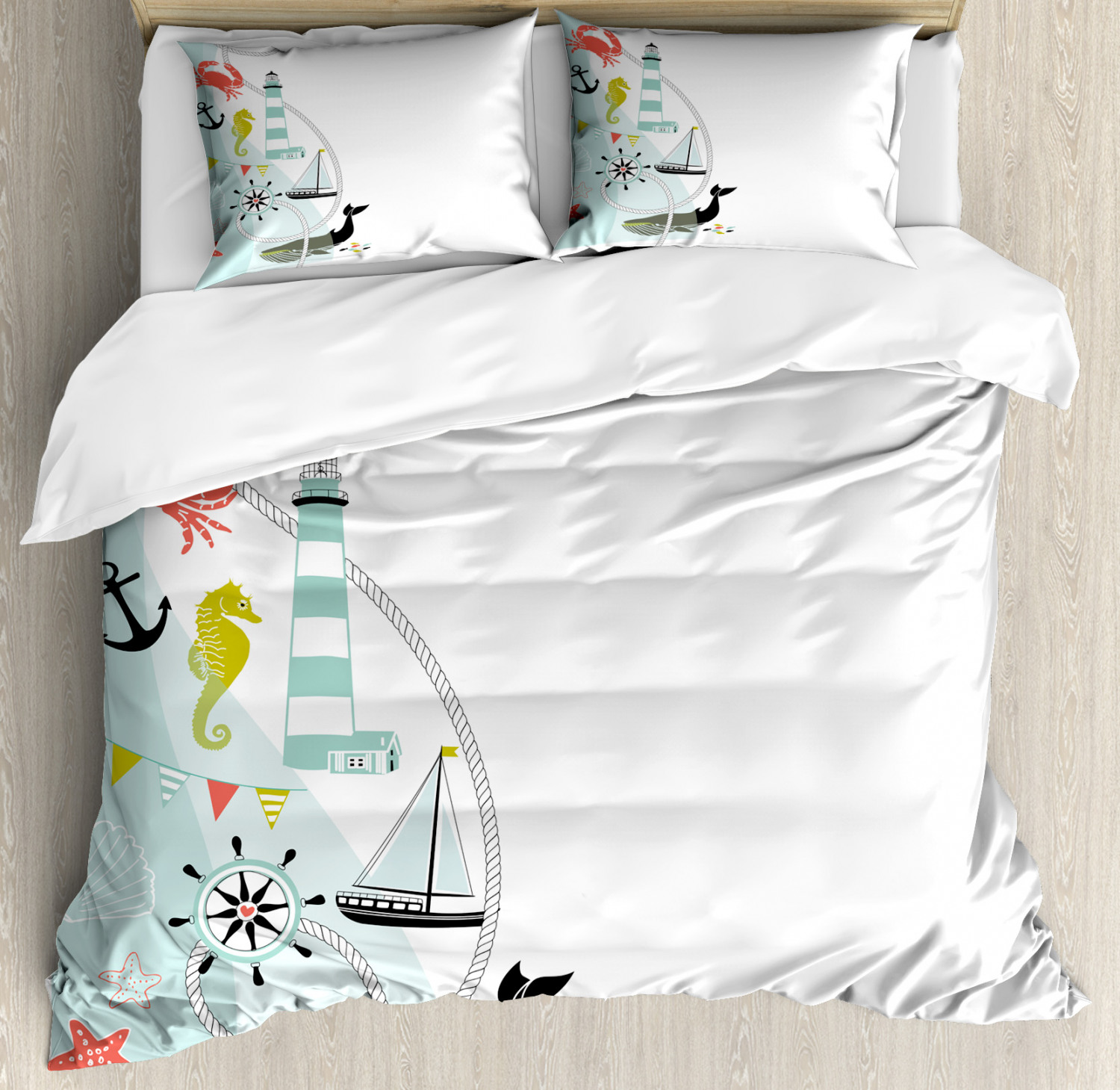 Nautical Queen Size Duvet Cover Set, Ornate Border Design with Maritime