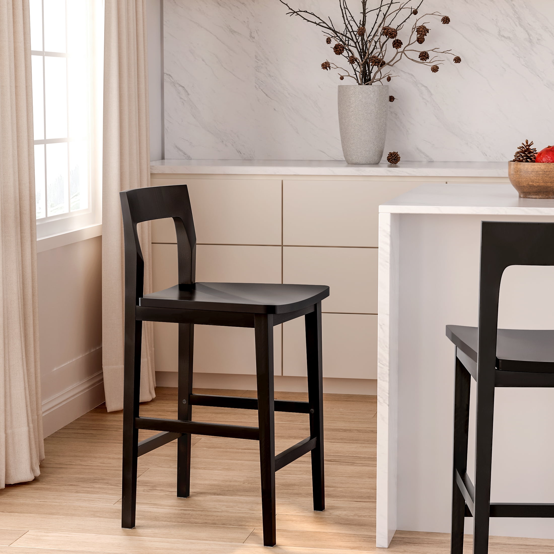 EYYTHUNG Modern Farmhouse Wooden Bar Stools Set of 6, 25-inch Mid Century Solid Wood Counter Height Stools with Back Support Barstools Chairs, Black