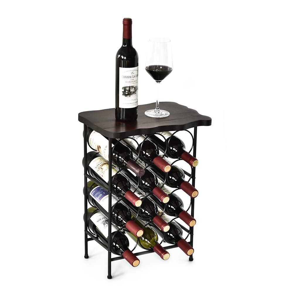 WELLAND Laura 12 Bottle Wine Rack with Solid Wood Table Top, Metal