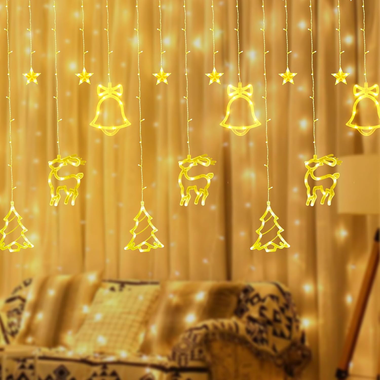 Qoosea 120 LEDs Christmas Curtain Lights Strings, 11.8ft Christmas Reindeer Decor Xmas Tree Star Christmas Window Lights with 8 Modes for Window Wall Diwali Light Decorations