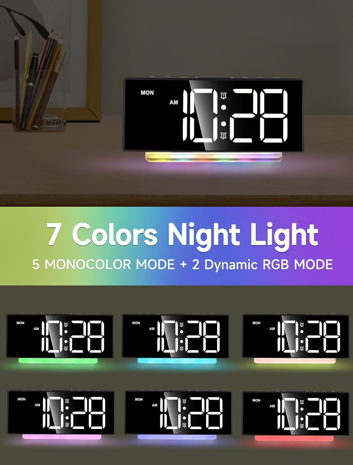 Extra Loud Alarm Clock for Heavy Sleepers Adults,Teens,Kids,Rainbow Clock for Bedrooms,Small Bedside Digital Clock with Large Display,7 Color Night Light,12/24h(Black+Dynamic)