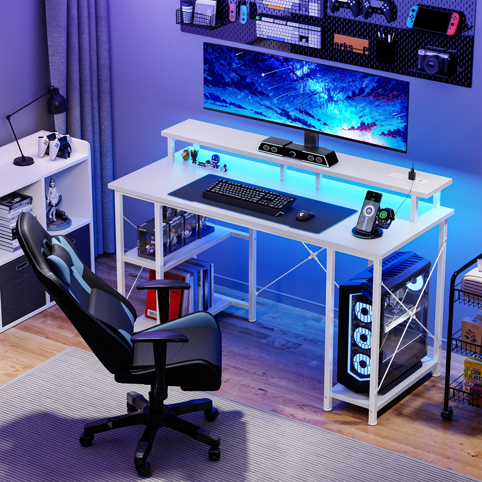 SWEETCRISPY Computer Gaming Desk, Ergonomic PC Gaming Table with Power Outlet & Monitor Stand for Home Office, White