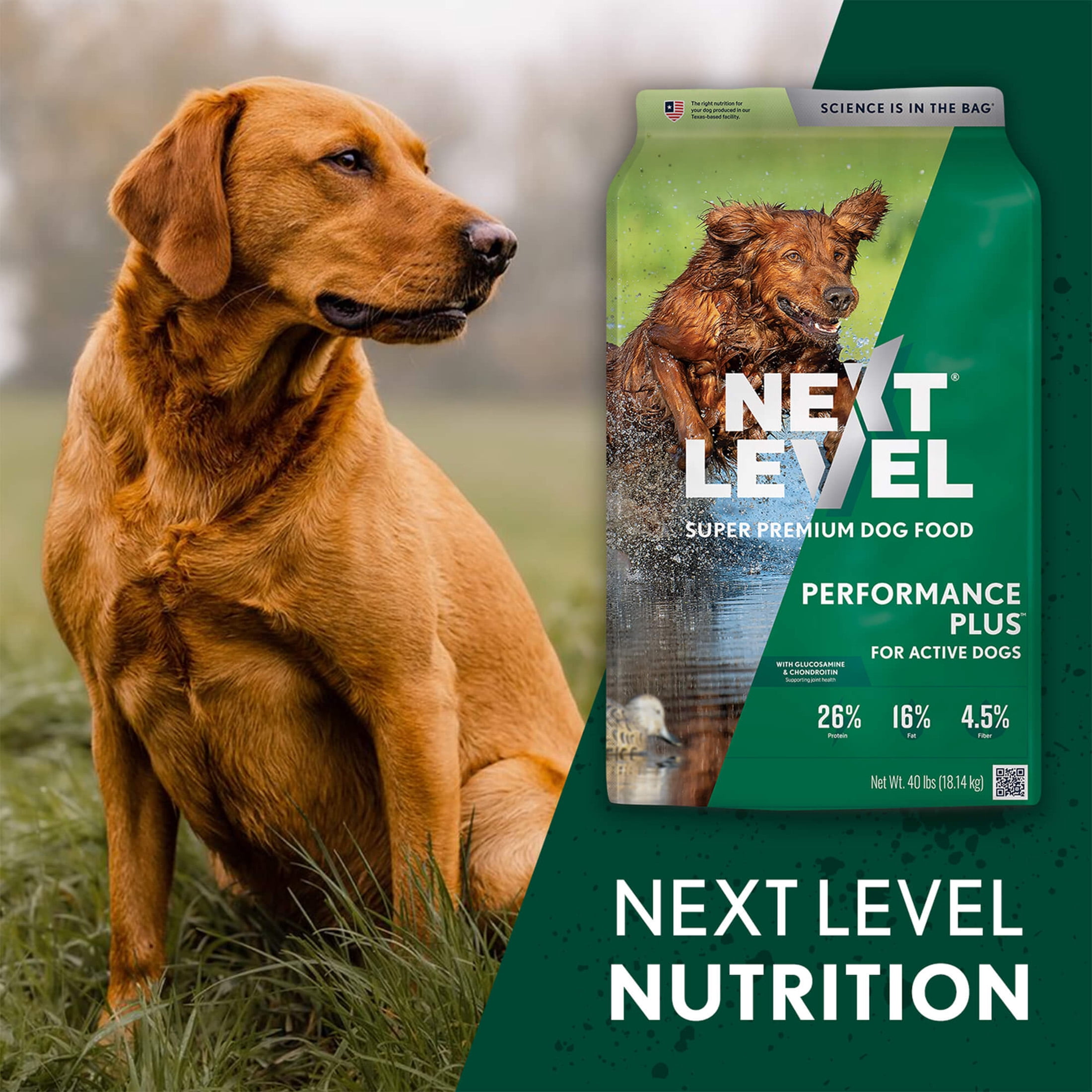 Next Level Performance Plus™, For Active Adult Dogs, Joint Support, Beef-Chicken-Pork-Fish Flavors, Dry Dog Food, 40 lbs