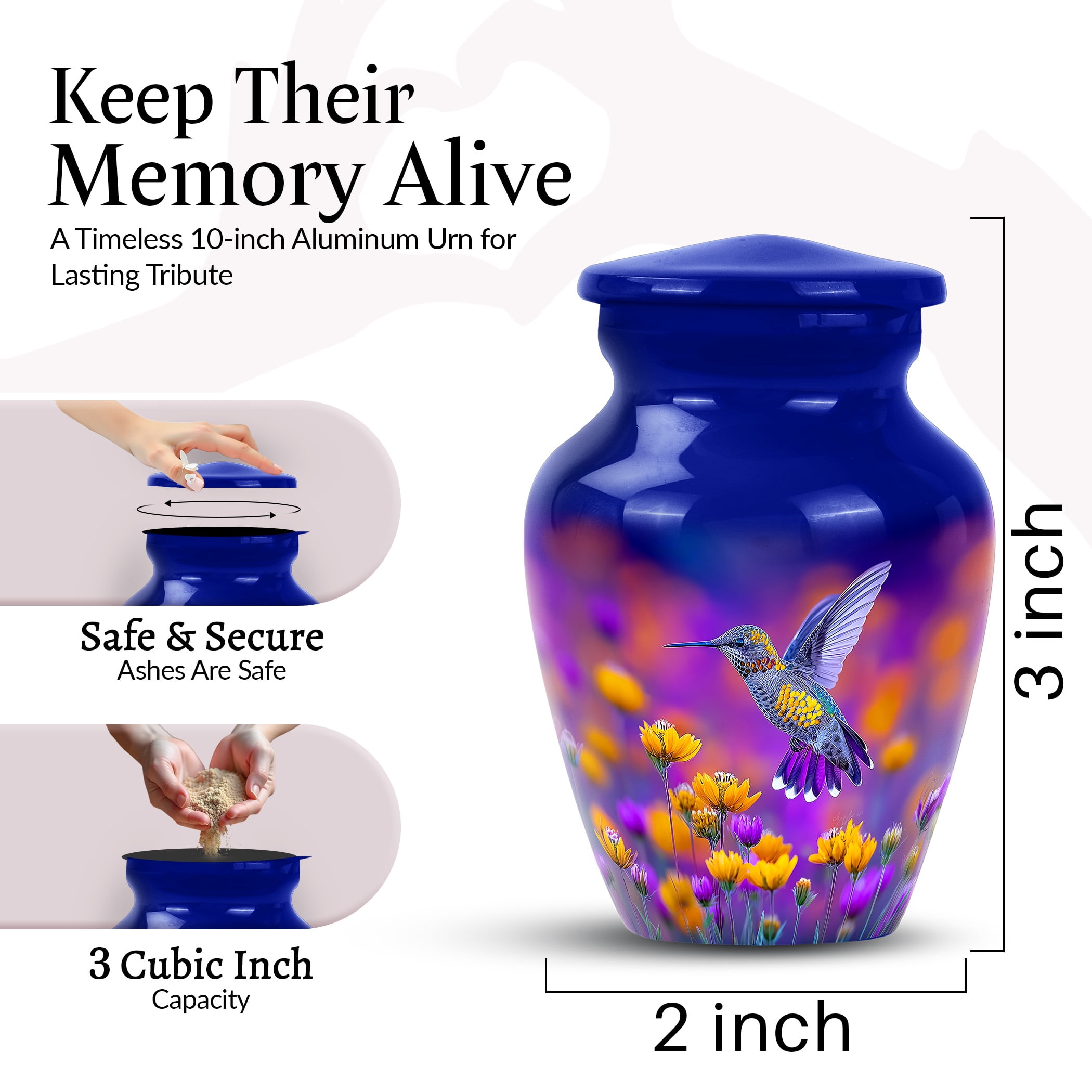 Hummingbird Urn for Ashes Adult Male - Purple Keepsake Funeral Urns for Men - Flower Urn for Ashes for Women - Small Urn for Adult Female Mom (Size:- 3 inch set of 1)