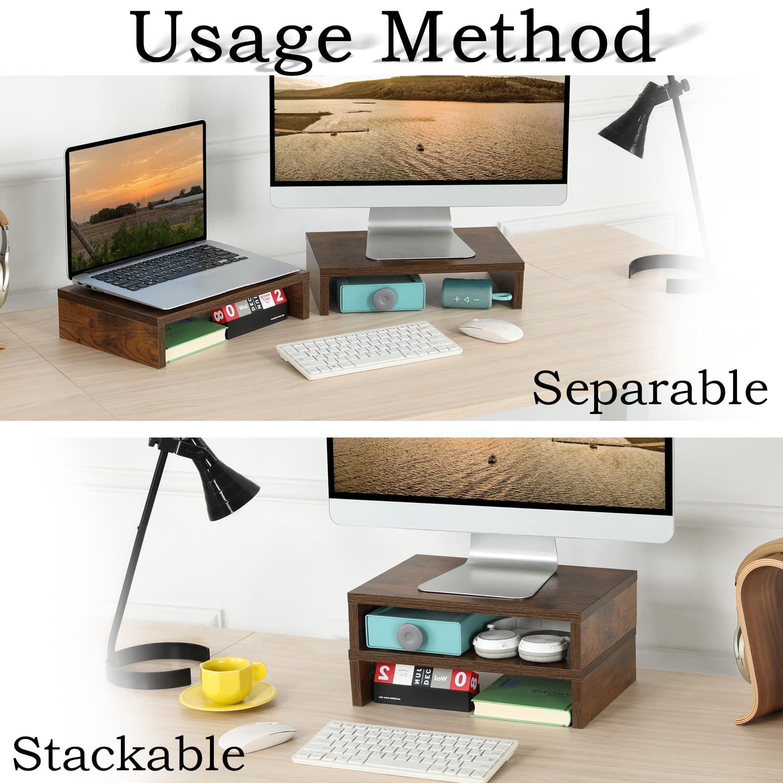 Monitor Riser - 2 Pack  Rustic Brown Wood Adjustable Stand For 2 Monitors/laptop/pc