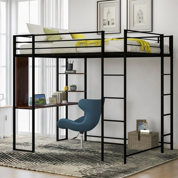Virubi Metal Full Size Loft Bed With, Metal Full Loft Bed With Desk Underneath