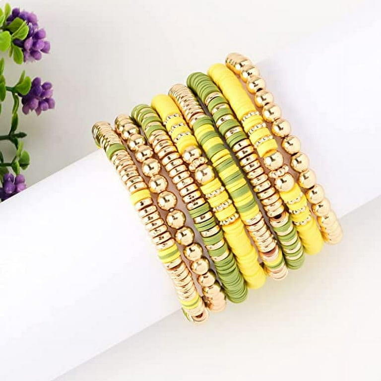 NEW 14k Gold Plated Pearl Yellow Green Clay Beads Handmade Elastic Bracelet