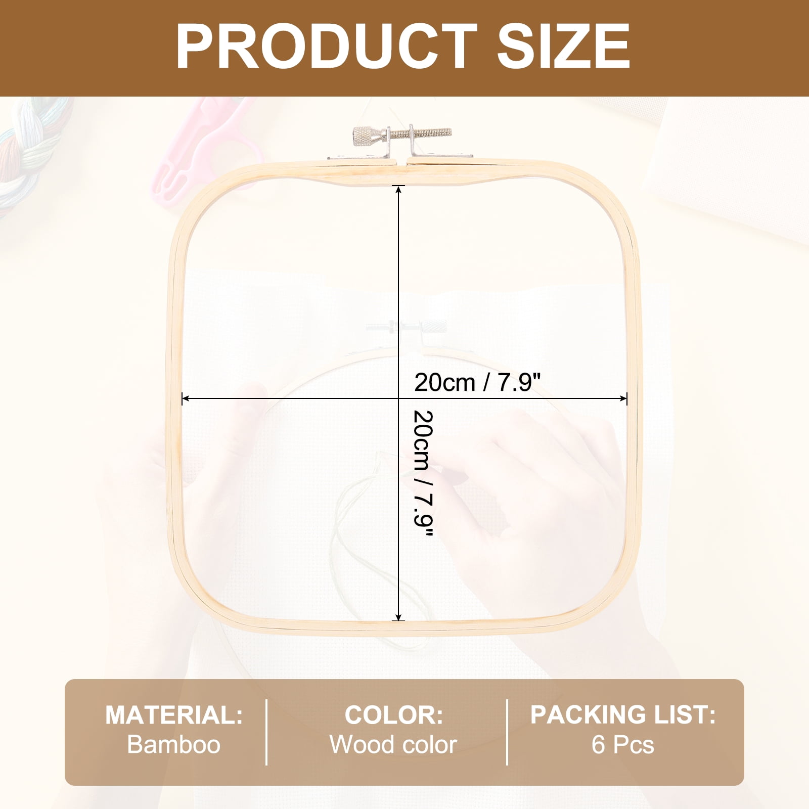 Uxcell 6 Pieces 7.9" x 7.9" Square Embroidery Hoops, Adjustable Bamboo Cross Stitch Hoops Ring with Screwdriver