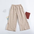 thumbnail image 4 of Linen Cotton Capris Women Wide Leg Drawstring Split Hem Elastic Waist Capri Pants Casual Loose Fit Summer Trousers with Pockets, 4 of 5