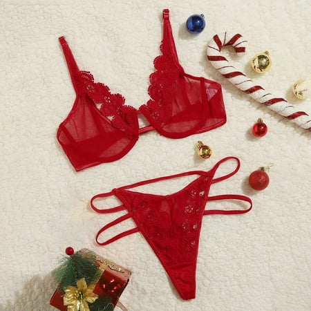 

Fatuov Womens Lingerie Sets Ladies Fashion Sexy Seductive Lingerie Floral Lace Hollow Thong Underwear Set On Sale