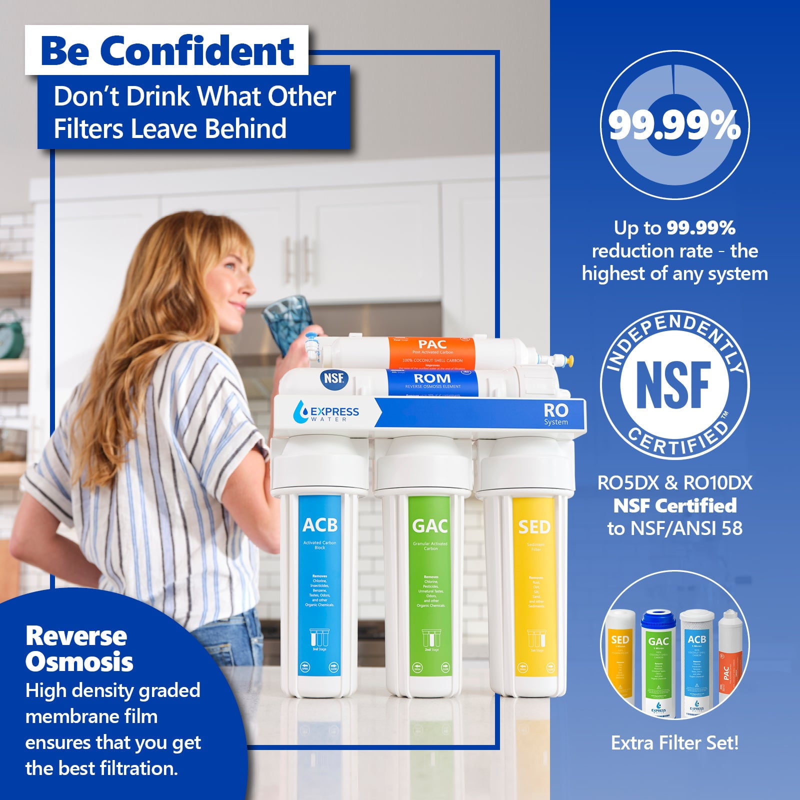 Express Water Reverse Osmosis Water Filtration System – 5 Stage RO Water Filter with Faucet and Tank – Under Sink Water Purifier – plus 4 Free Replacement Filters – 100 GPD