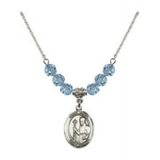 18-Inch Rhodium Plated Necklace with 6mm Blue March Birth Month Stone Beads and Saint Regis Charm