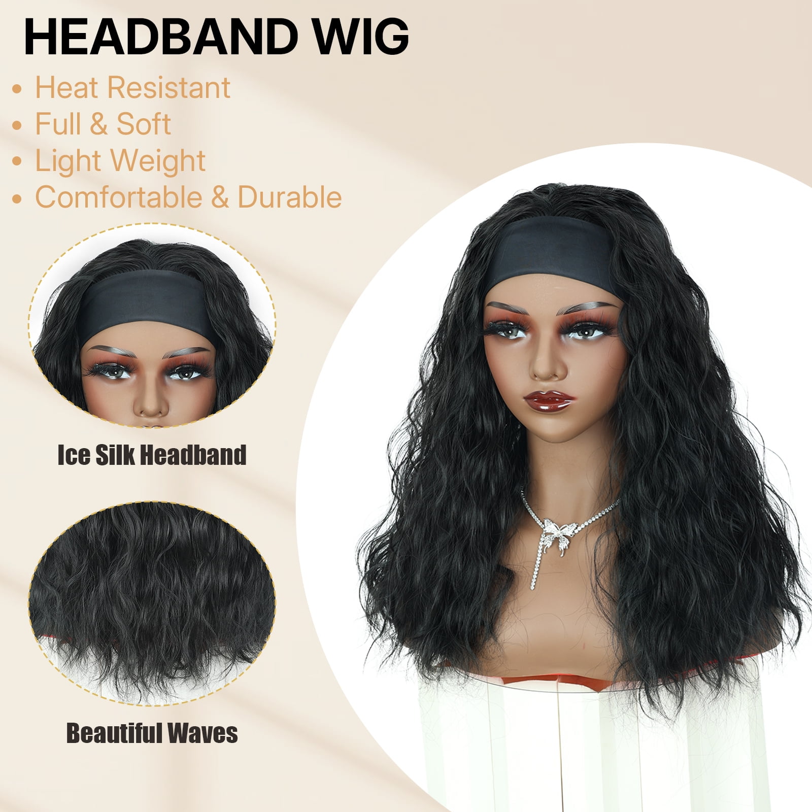 Phocas Long Black Headband Wig for Women，20inch Synthetic Realistic Wavy Wig no Bangs