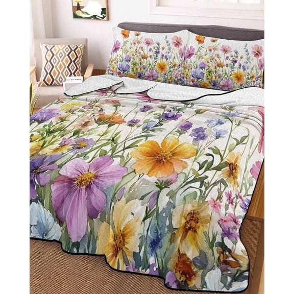 Pink Spring Floral Queen Size Down Alternative Comforter,Lightweight Comforter Quilt Bedding Set with Pillow Shams Pastoral Botanical Watercolor Flowers All Seasons Bed Comforter Duvet Insert 90"x96"