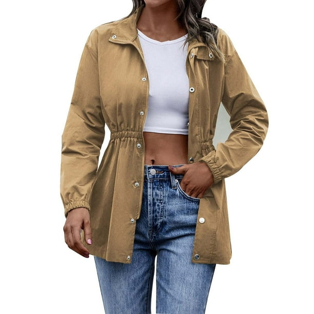 Gibobby chaquetas de invierno largas Chaqueta con cremallera de color liso para mujer: Gabardina a de viento de longitud media y estilo elegante (Caqui, L)