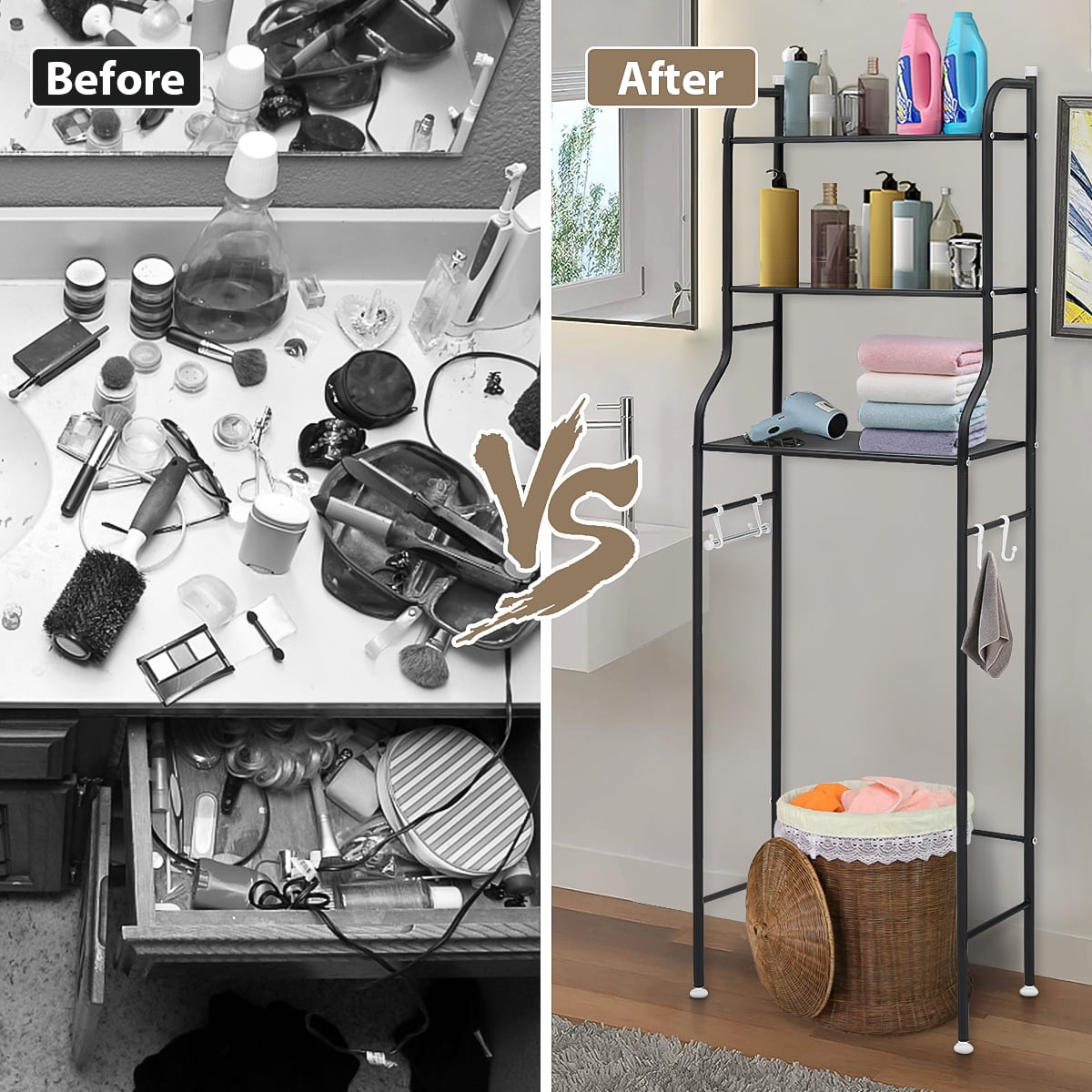 HONEIER Over the Toilet Storage Rack, 3 Tier Bathroom Space Saver, Bathroom Corner Stand Storage Organizer Accessories Bathroom Towel Shelf 22"W Black