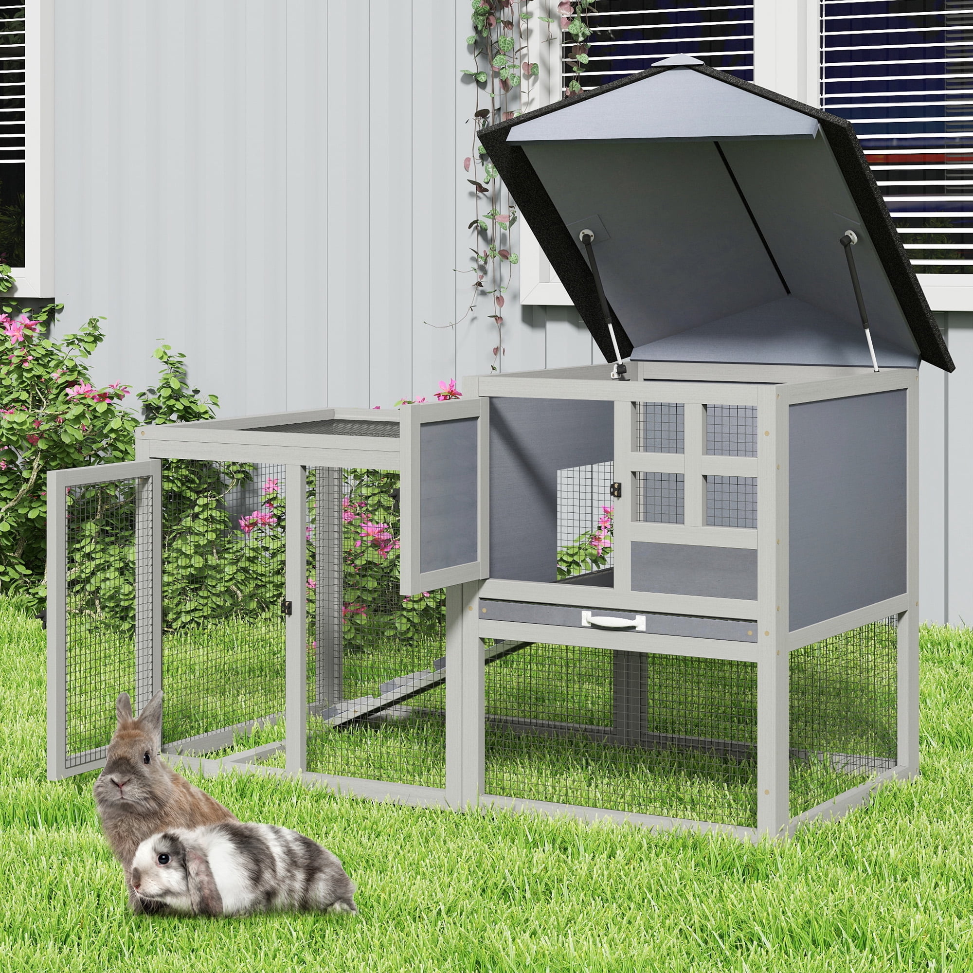 2-Tier Wood Rabbit Hutch Indoor Outdoor Small Animal House with Removable Tray, Ramp, Openable Roof, Bunny Cage for Ducks, Squirrels