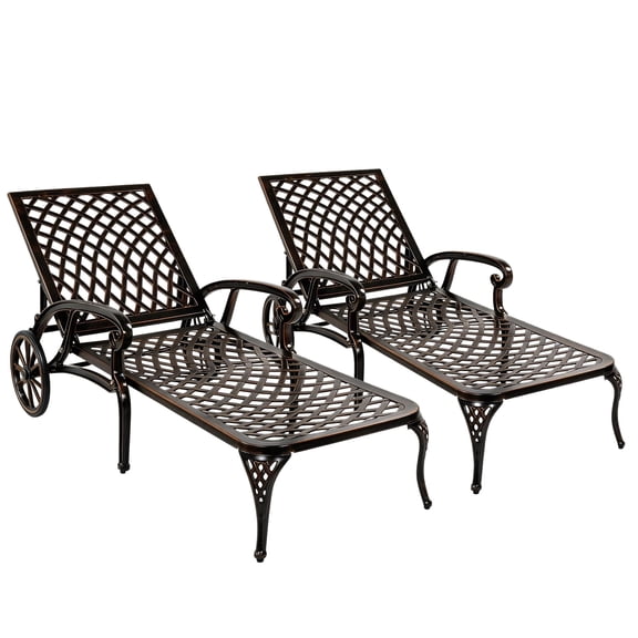 Homefun Pool Tanning Adjustable Backrest and Moveable Wheels Metal Chaise Lounge - Set of 2, Bronze