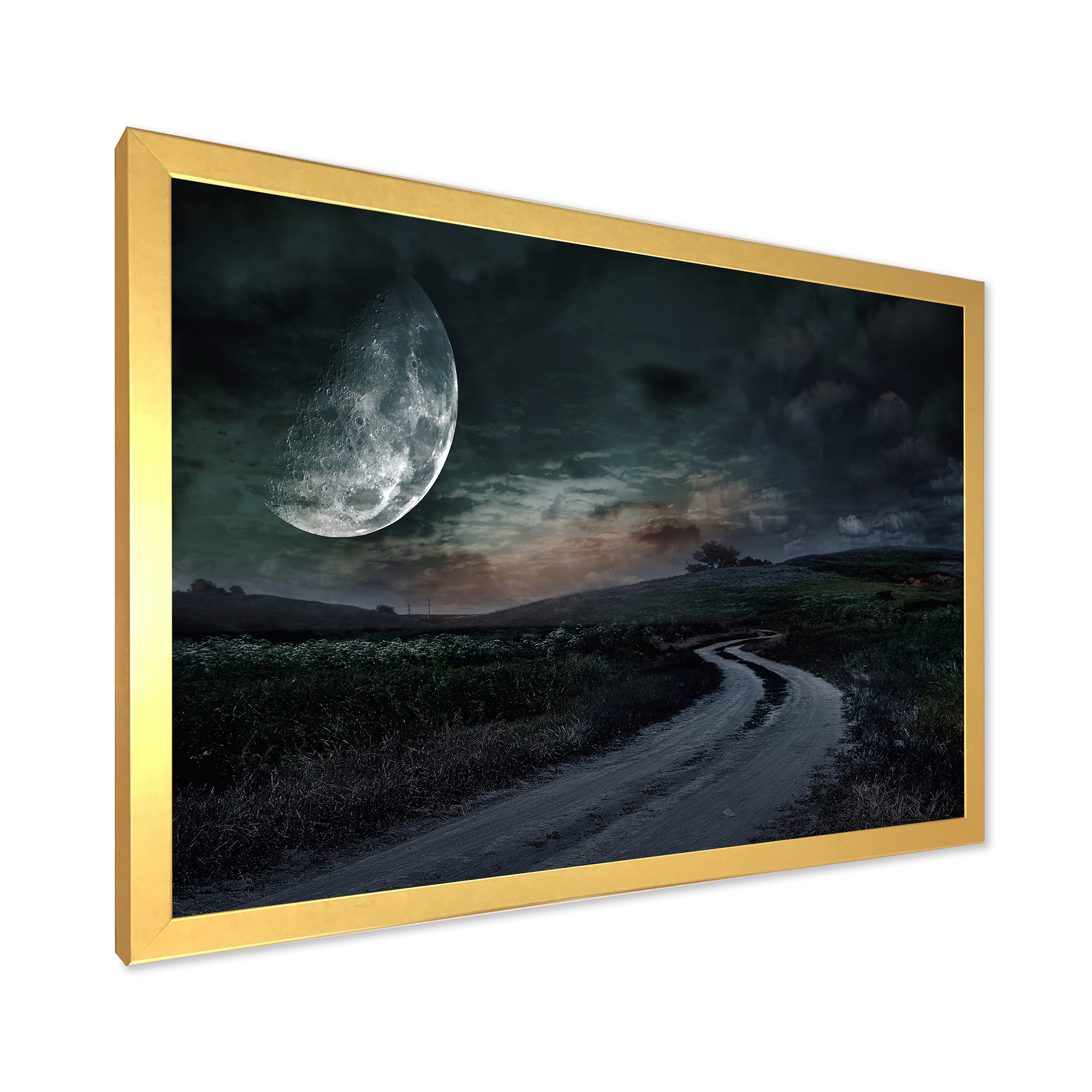 Designart 'The Meadow Under Full Moon With Rural Road Through ' Nautical & Coastal Framed Art Print