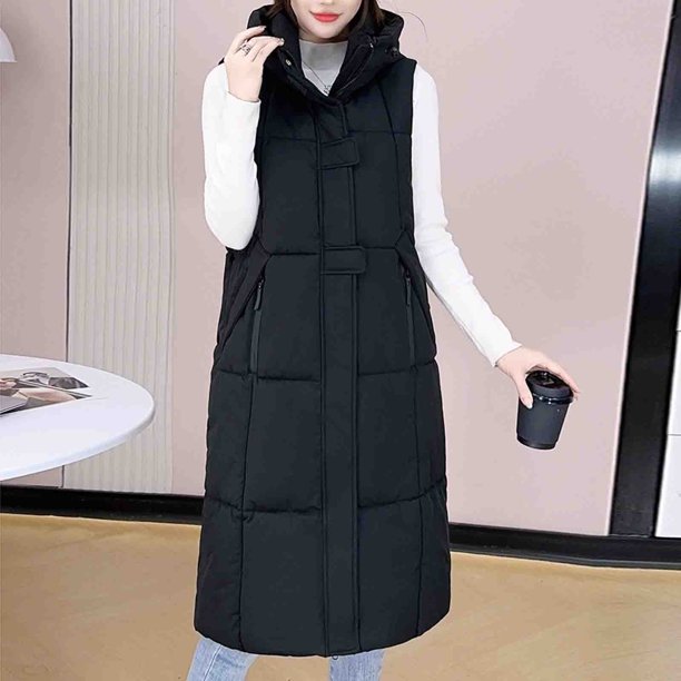 Abrigo largo reversible con cremallera y bolsillo de color, holgado, informal, de invierno, con capucha y sin mangas, de poliéster, para mujer