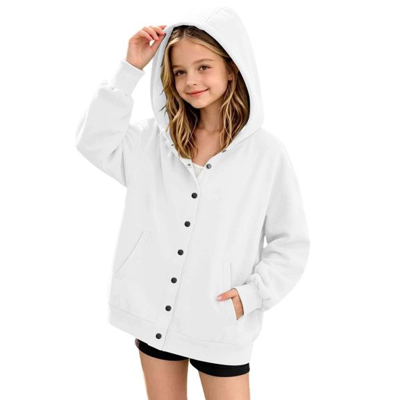 fatyb Hoodies for Boys Girls Long Sleeve Button down Sweatshirt Kids Plain Hooded Jacket with Pockets
