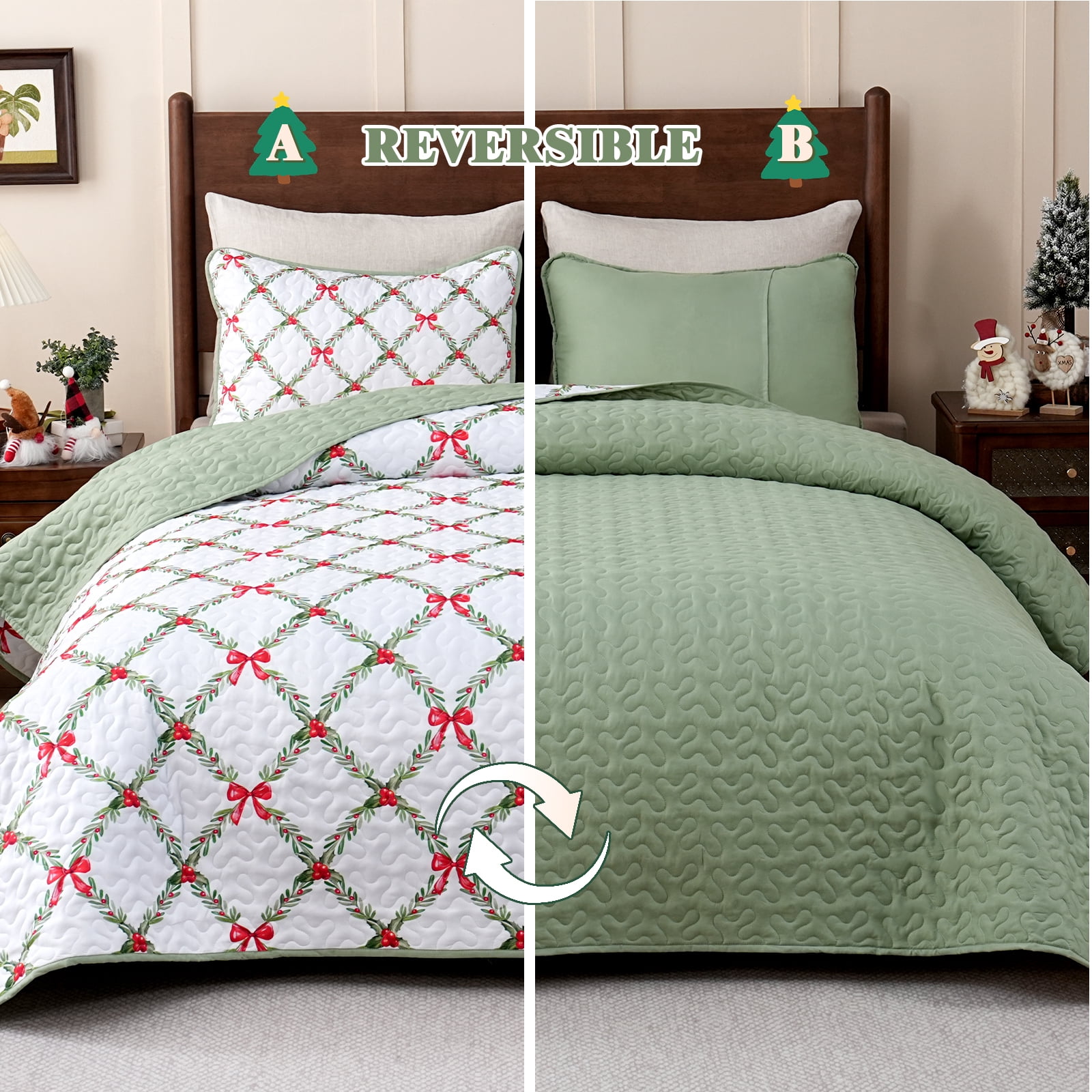 BLEUM CADE Christmas Quilts Queen Size 3 Piece, Bow & Festive Foliage Quilts Bedding Set, Christmas Decor Super Soft Bedspread Coverlet Set (1 Quilt, 2 Pillow Cases)