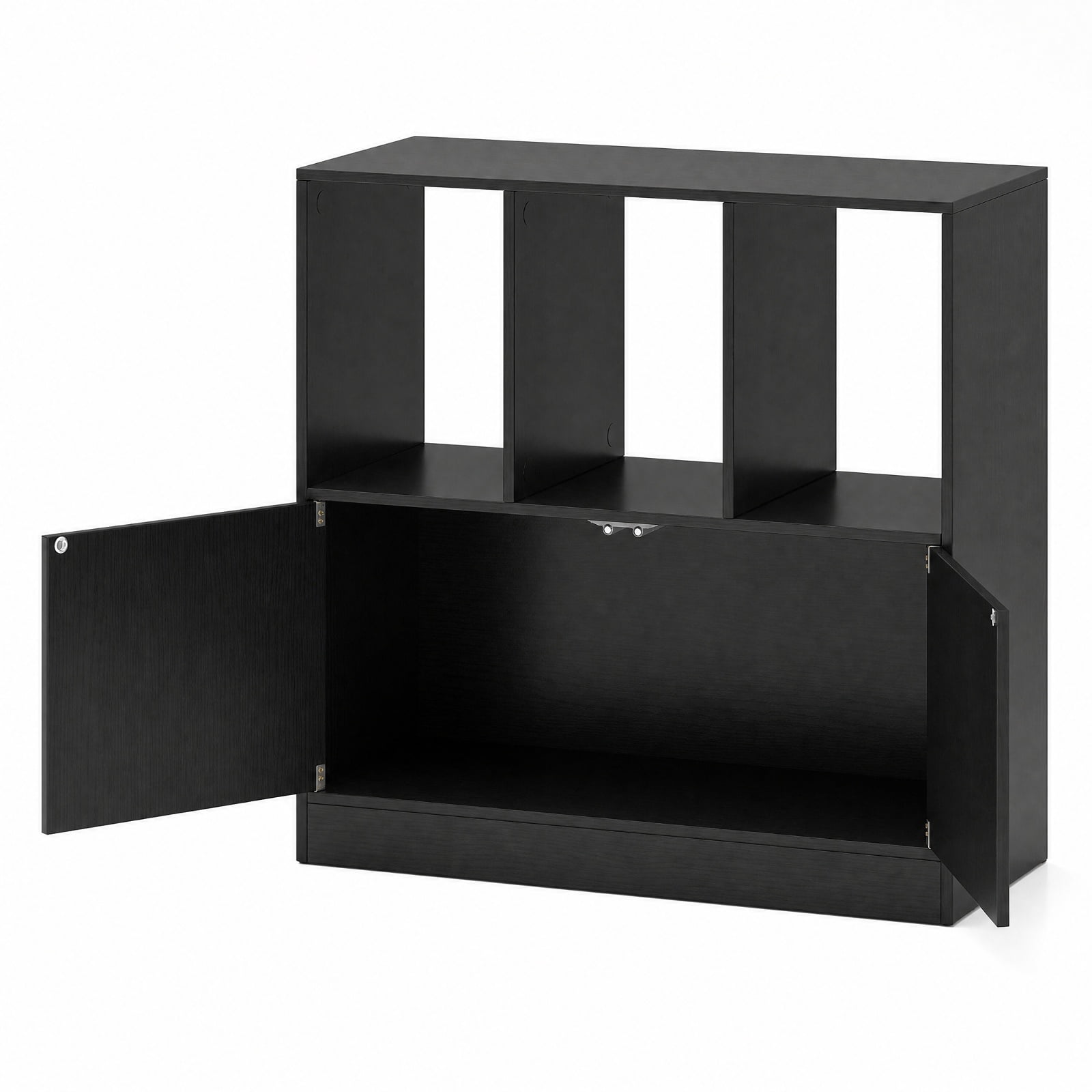 Furnibear 3-Cube Bookcase with Doors 3-Tier Cubic Bookshelf with Open Compartments and Cabinet for Living Room Home Office Bedroom Display, Black