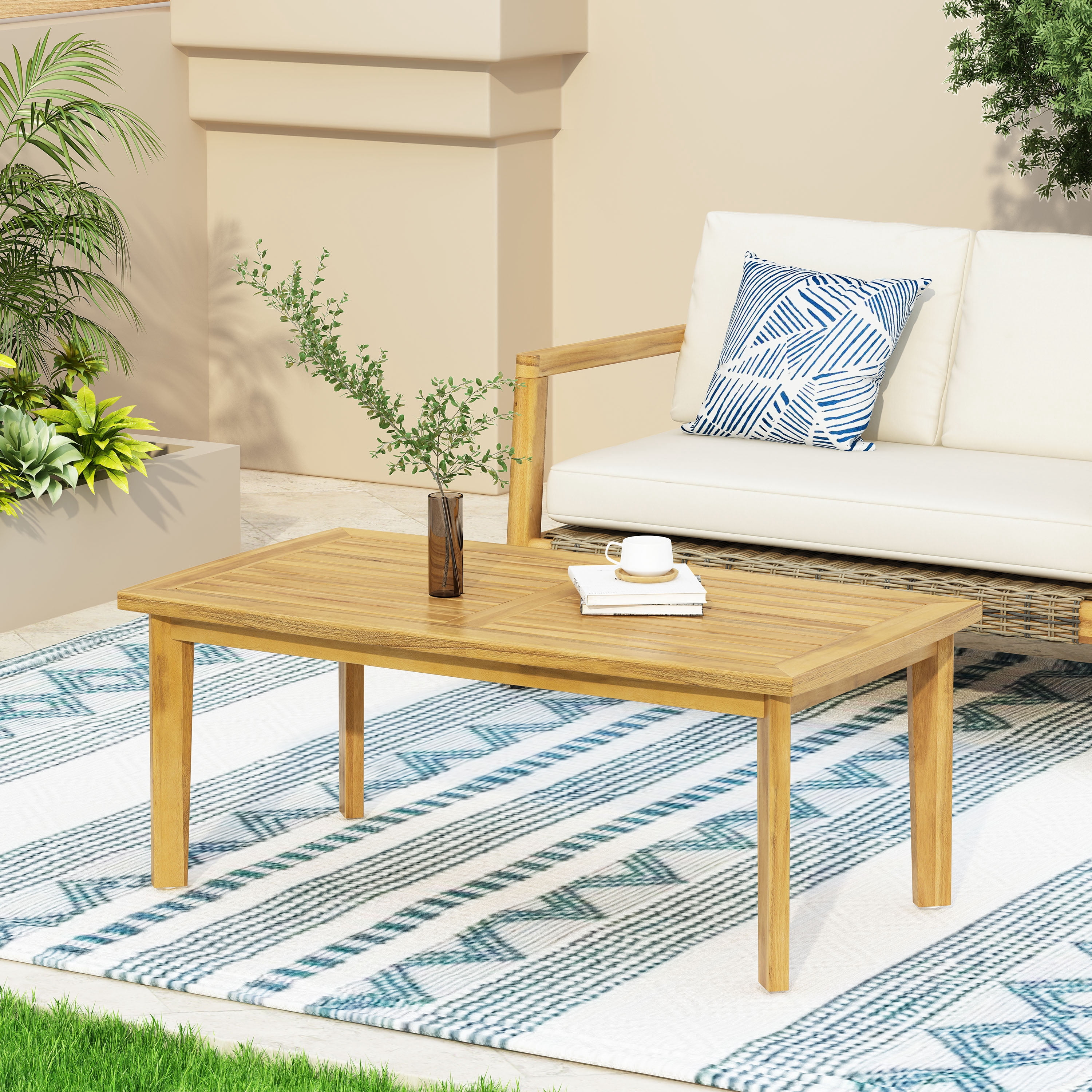 Outdoor Acacia Wood Rectangular Patio Coffee Table, Sturdy Slatted Side Table for Porch, Garden, Backyard, Balcony, 43.25" W x 23.50" D x 17.00" H, Natural Brown Finish