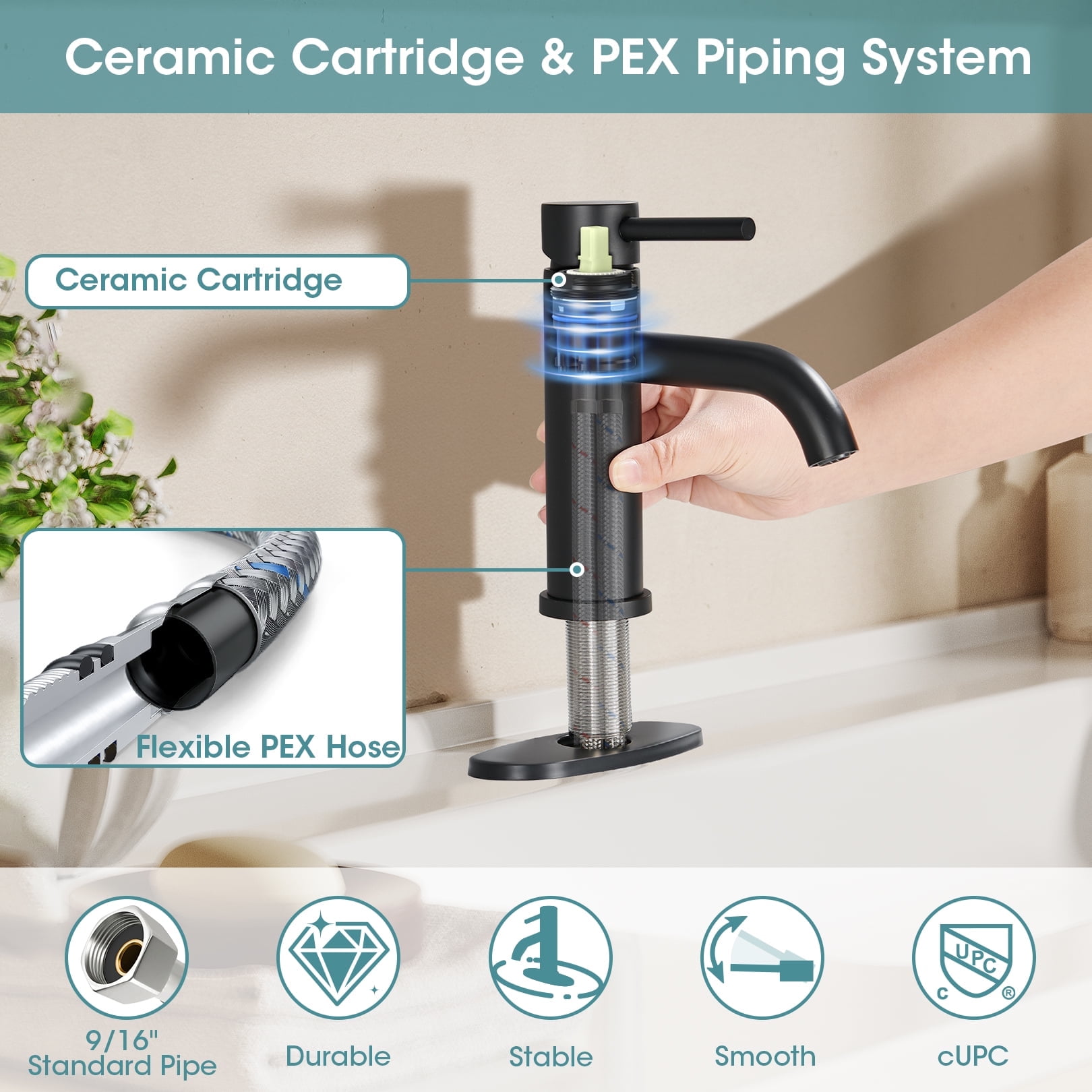 Wowkk Sanitary Ware Black Bathroom Faucets Stainless Steel Single Handle Bathroom Sink Faucet with Pop up Drain and PEX Encrypted Hose, Modern Bathroom Faucets for Sink 1 or 3 Holes