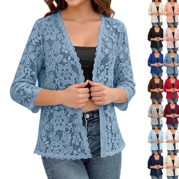 Lace Cardigan for Women Lightweight 3/4 Sleeve Shrugs Crochet Sheer Open Front Cardigan Summer Beach Coverup (XL,Royal Blue)